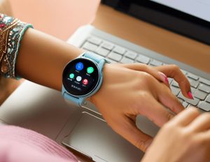 A smart watch glimmers on a woman's left wrist as she works on her laptop.