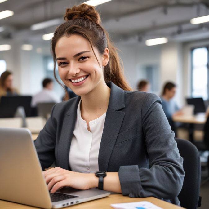 A female programmer smiles while using a laptop at an office, wearing a smartwatch that tracks productivity.
