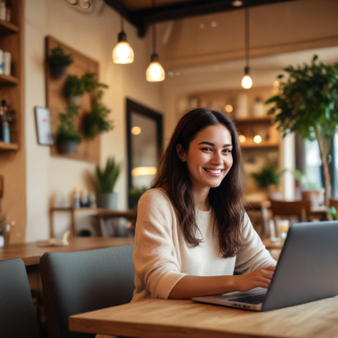 A woman sitting in a cozy café, smiling while using a laptop, surrounded by relaxed ambiance.