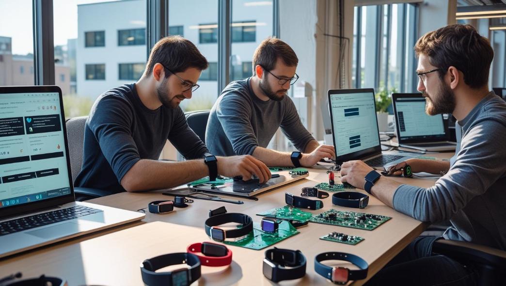 Engineers test wearable fitness trackers on Windows laptops in a bright startup office.
