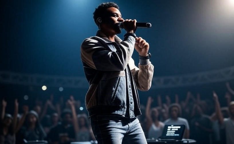 musician performing on stage with the help digital overlay