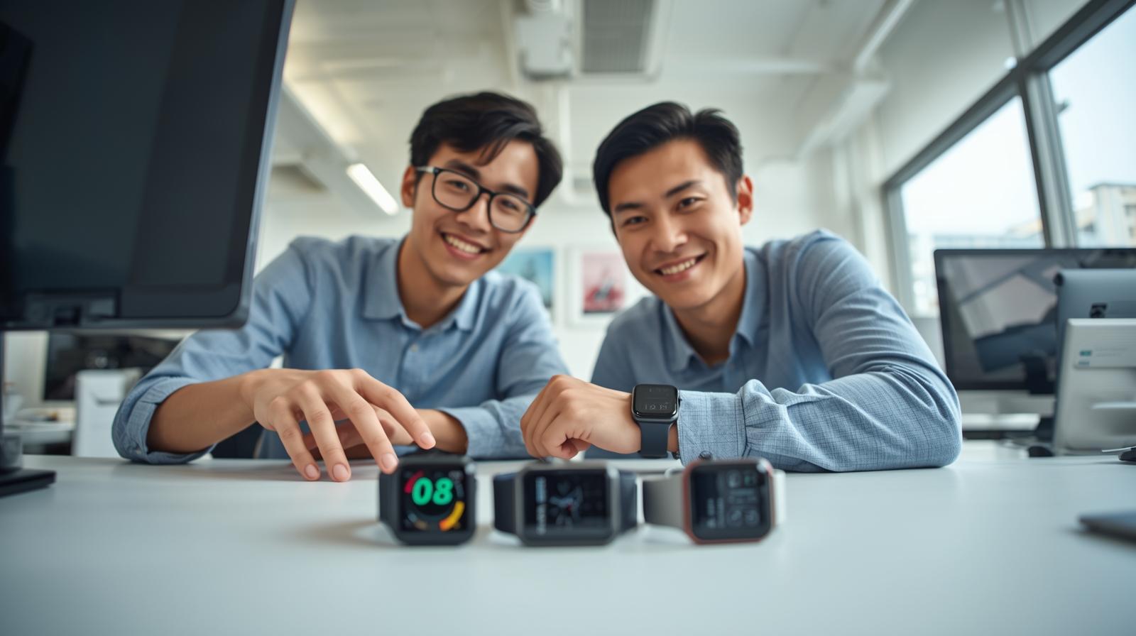 Two colleagues discuss wearable tech devices in bright office with blurred screens.