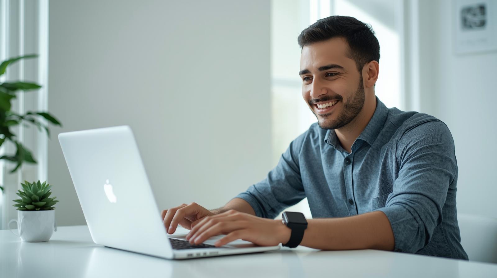 Man wearing smartwatch smiling while working on blurred-screen laptop in bright workspace.