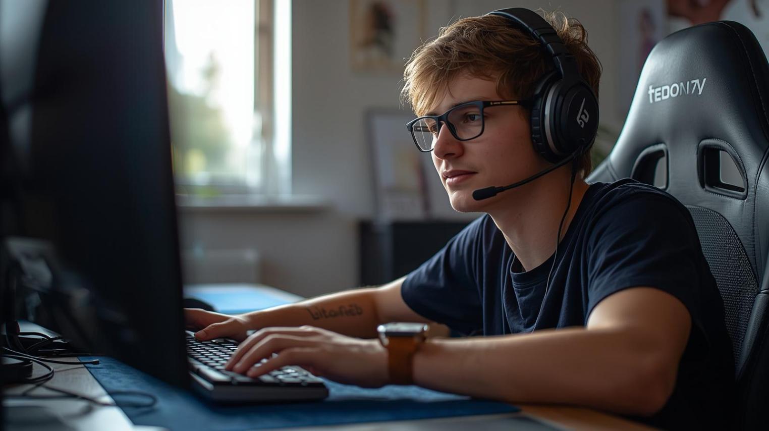 Focused esports player wearing smartwatch studies biometric data during intense gaming session.